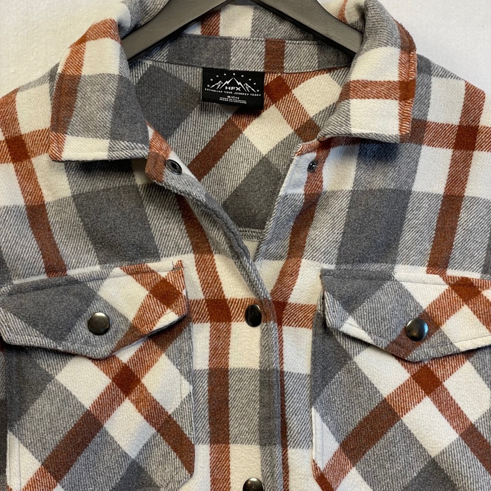 HFX Plaid‎ Flannel Snap Shacket Shirt Jacket Rust Gray Mens Size S - Picture 2 of 8